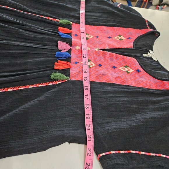 Joie Black Boho Cotton Embroidered Mini Dress Small Tassels Short Sleeves - Picture 9 of 10